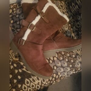 Brown Suede Knee-High Boots with Buckle Detail